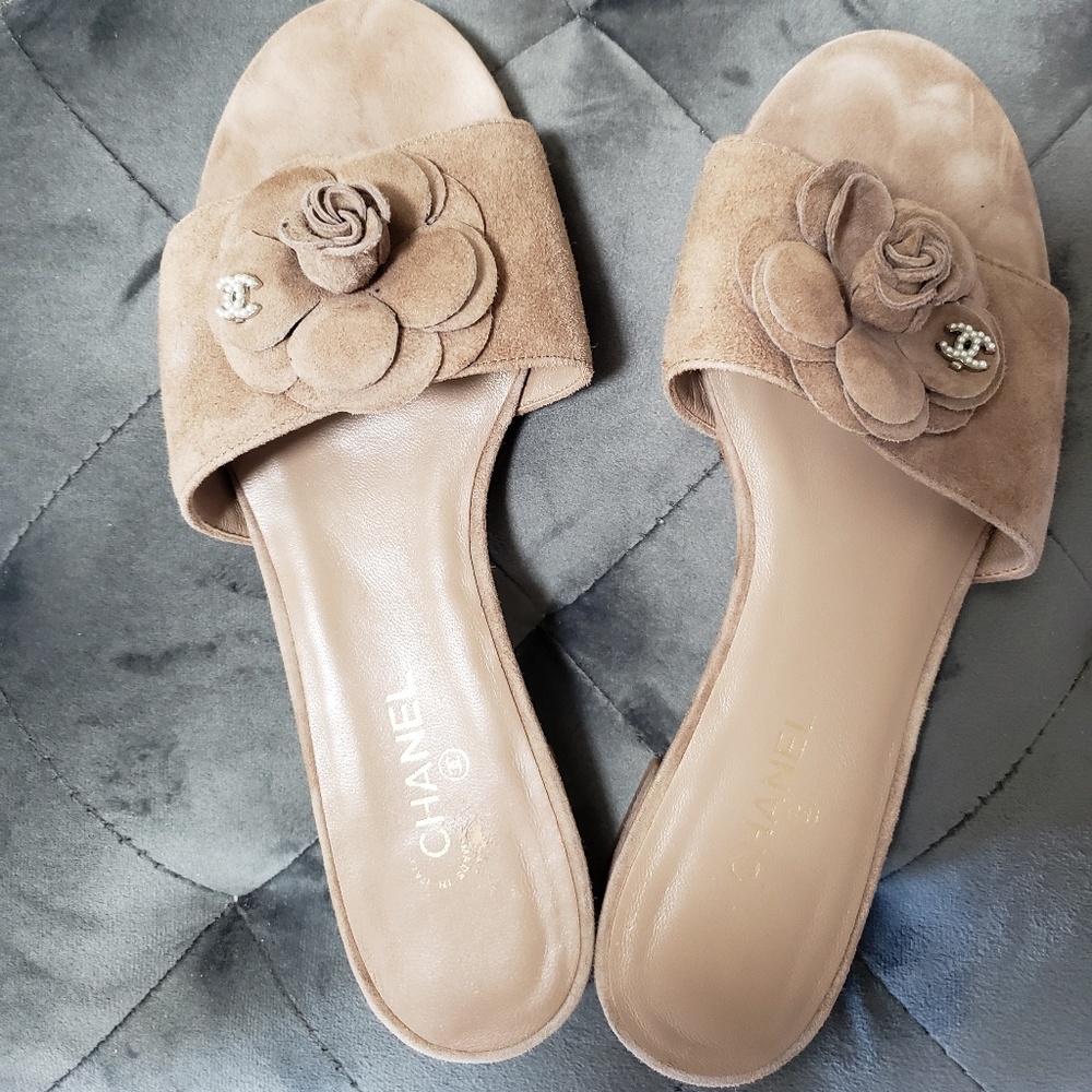 Chanel Suede Camellia Flower Pearl Slides Size 7
